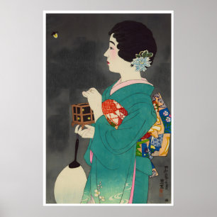 Affiche Femme japonaise peignant une estampe de geisha Aff