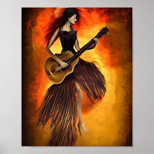 Affiche Femme Jouer de la guitare rouge ciel Abstrait art 