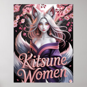 Affiche Femme Kitsune Blanche Élégante avec Fleurs de Saku