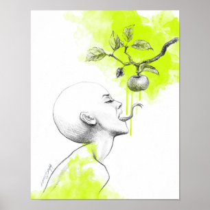 Affiche Femme Langue serpent Pomme Éclat vert Art surréel