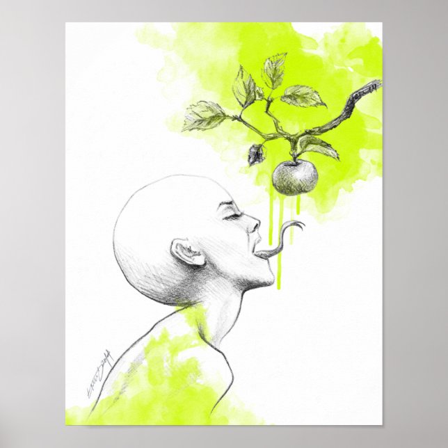 Affiche Femme Langue serpent Pomme Éclat vert Art surréel (Devant)