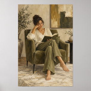 Affiche Femme lisant dans un fauteuil vert confortable Fig