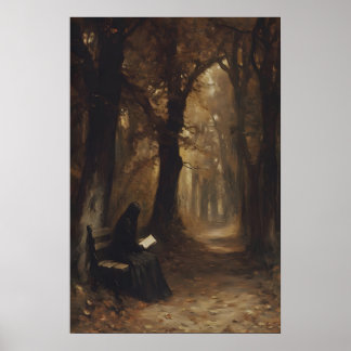 Affiche Femme lisant dans une forêt automnale morose - Imp