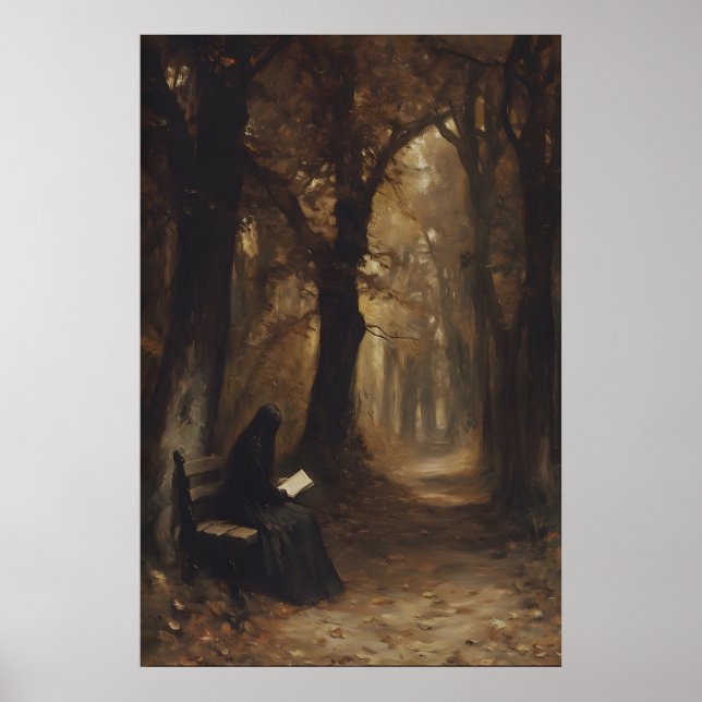 Affiche Femme lisant dans une forêt automnale morose - Imp (Devant)