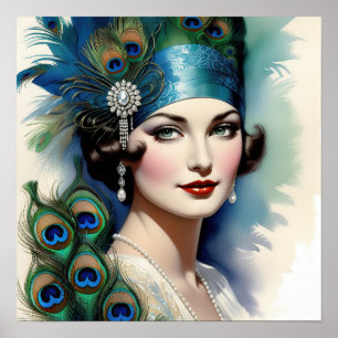 Affiche Femme magnifique Paon des Années folles