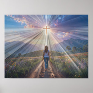 Affiche Femme marchant vers la croix lumineuse – Parcours 