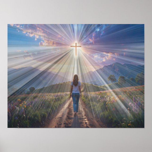 Affiche Femme marchant vers la croix lumineuse – Parcours  (Devant)