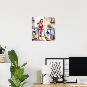 Affiche Femme mignonne en pyjama faisant blanchisserie Ado