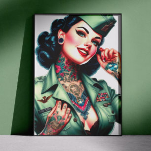 Affiche Femme Militaire Tatouée Vintage