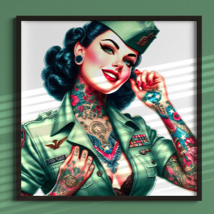 Affiche Femme Militaire Tatouée Vintage