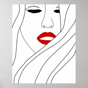 Affiche Femme minimaliste aux lèvres rouges en art linéair