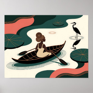 Affiche Femme noire abstraite ramant en canoë