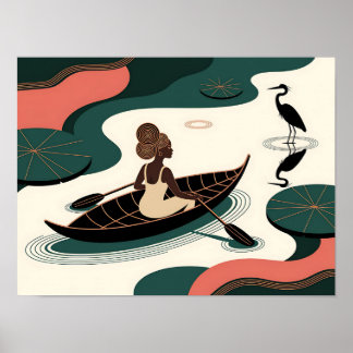 Affiche Femme noire abstraite ramant en canoë