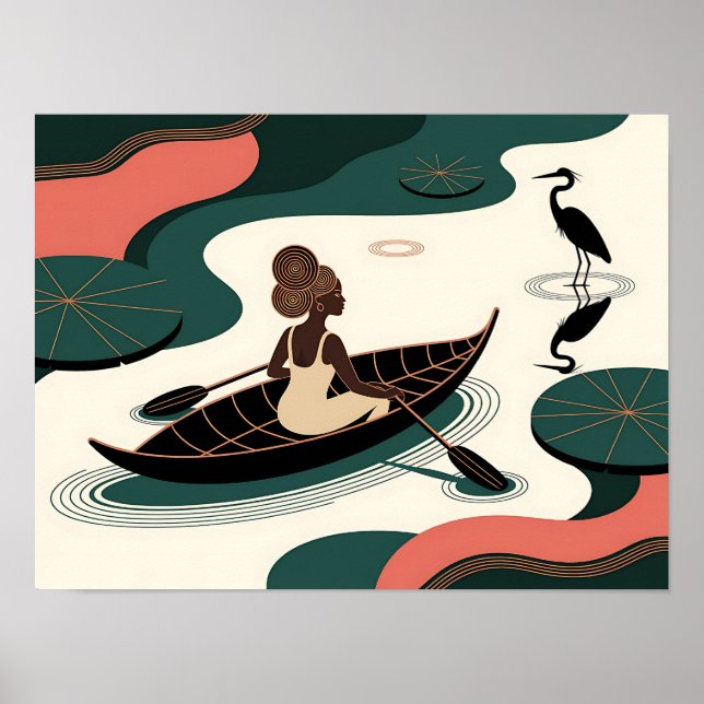 Affiche Femme noire abstraite ramant en canoë (Devant)