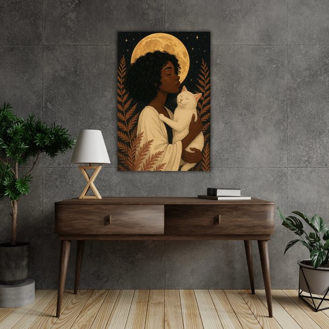 Affiche Femme noire avec chat blanc sous Pleine lune Poste (Créateur téléchargé)