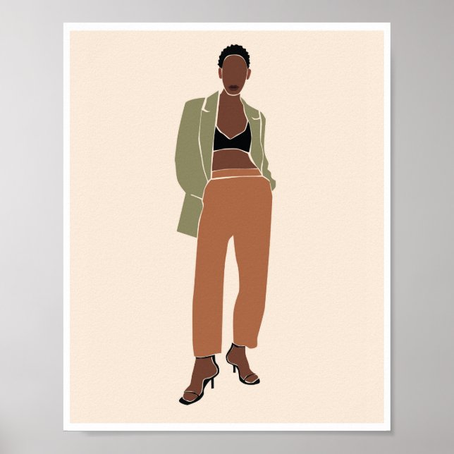 Affiche Femme noire boho Blazer vert olive Art de mode (Devant)