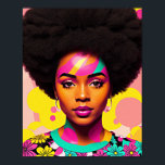 Affiche Femme noire colorée Afro Pop Art<br><div class="desc">Cette oeuvre d'art pop-art présente une belle femme noire avec une grande afro, les années 70 esthétique avec un peu de puissance de fleur et boucles d'oreilles. Une beauté mélanine vibrante avec des cheveux naturels dans une pièce d'art numérique multicolore et audacieuse. Le cyan, le magenta rose et le jaune...</div>