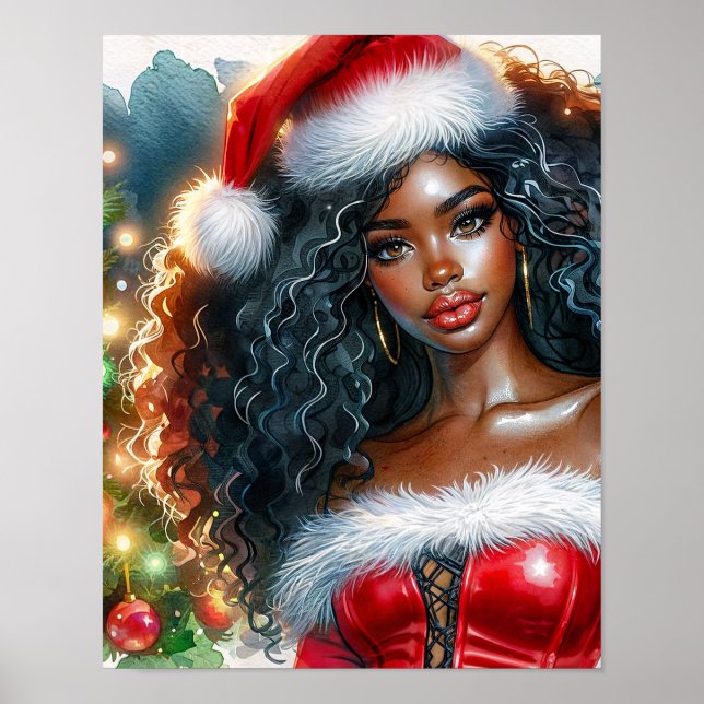 Affiche Femme noire de Noël avec sapin de Noël (Devant)