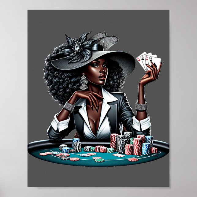 Affiche Femme noire Jeux Casino Cartes Poker Chips Art (Devant)