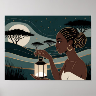 Affiche Femme noire tenant une lanterne la nuit