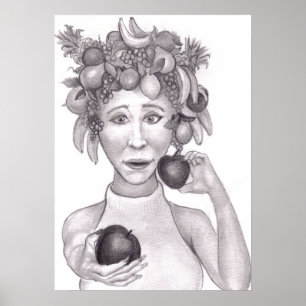 Affiche Femme portant un chapeau fait de fruits offrant au