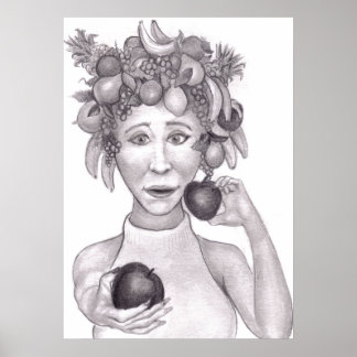 Affiche Femme portant un chapeau fait de fruits offrant au