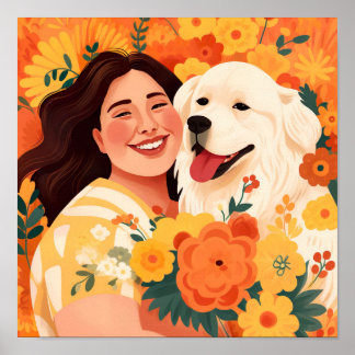 Affiche Femme prospère et Secourt chien portrait floral