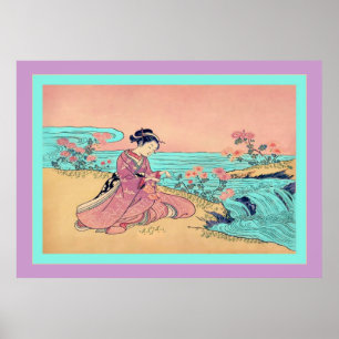 Affiche Femme qui ramasse des chrysanthèmes ~ Japonais Vin