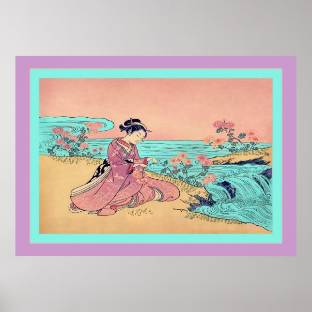 Affiche Femme qui ramasse des chrysanthèmes ~ Japonais Vin (Devant)