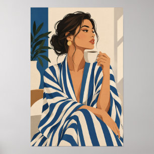 Affiche Femme rayée bleue et blanche avec Wa moderne café