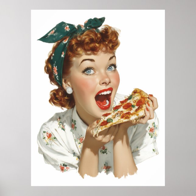 Affiche Femme rétro appréciant une part de pizza (Devant)
