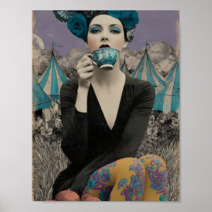 Affiche Femme Rétro Boit du Thé au Cirque