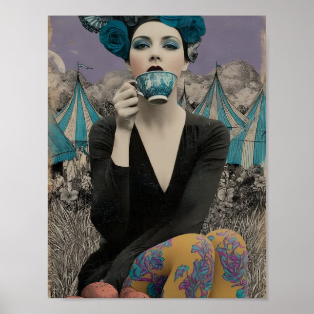 Affiche Femme Rétro Boit du Thé au Cirque (Devant)
