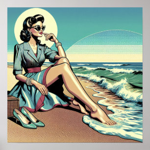 Affiche Femme rétro des années 1950 assise sur la plage