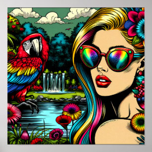 Affiche Femme Rétro et Perroquet dans le Parc Pop Art