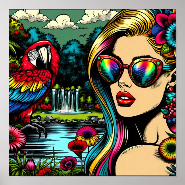 Affiche Femme Rétro et Perroquet dans le Parc Pop Art  (Devant)