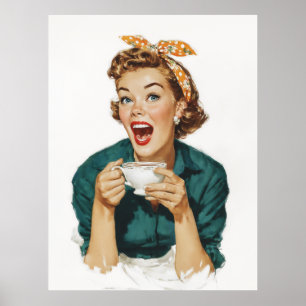 Affiche Femme Rétro Joyeuse qui Jouit d'un Café