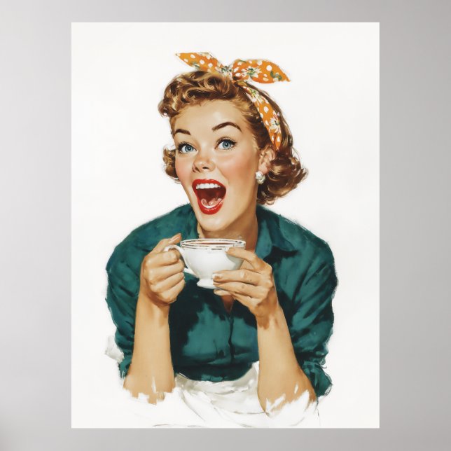 Affiche Femme Rétro Joyeuse qui Jouit d'un Café (Devant)