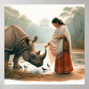 Affiche Femme Rhinocéros Art Aquarelle Naturelle Élégante