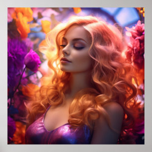 Affiche Femme rousse et fleurs