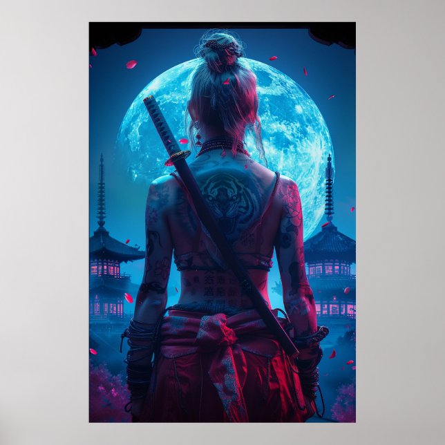 Affiche Femme samouraï guerrière avec katana — culture jap (Devant)