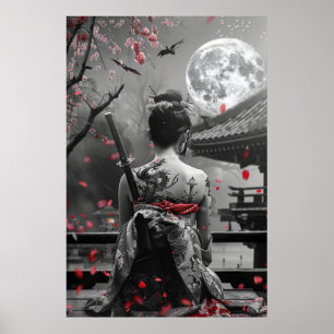 Affiche Femme samouraï japonaise avec tatouage sous la ple