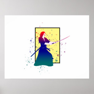 Affiche Femme Samurai guerrière avec Sword Paint Splash