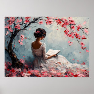 Affiche Femme sereine lisant sous les fleurs de cerisier