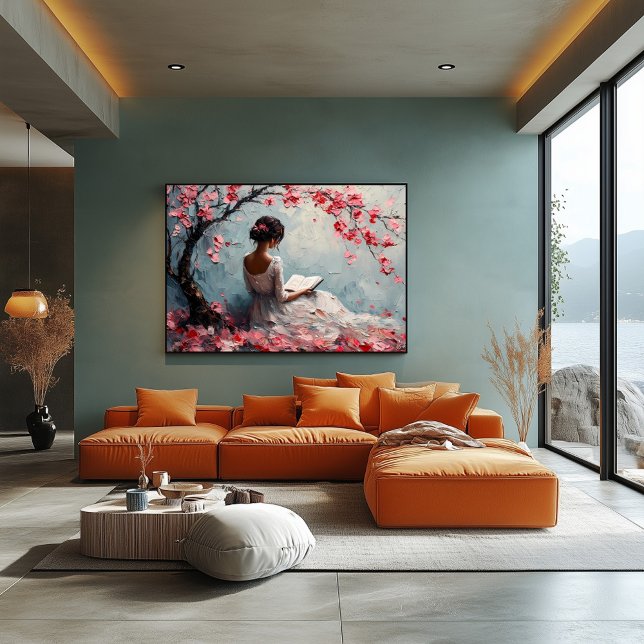 Affiche Femme Serene Lecture Sous Les Fleurs De Cerisiers (Créateur téléchargé)