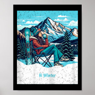 Affiche Femme skieuse boit du café Vacances d'hiver Noël