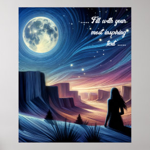 Affiche Femme solitaire assise regardant la lune