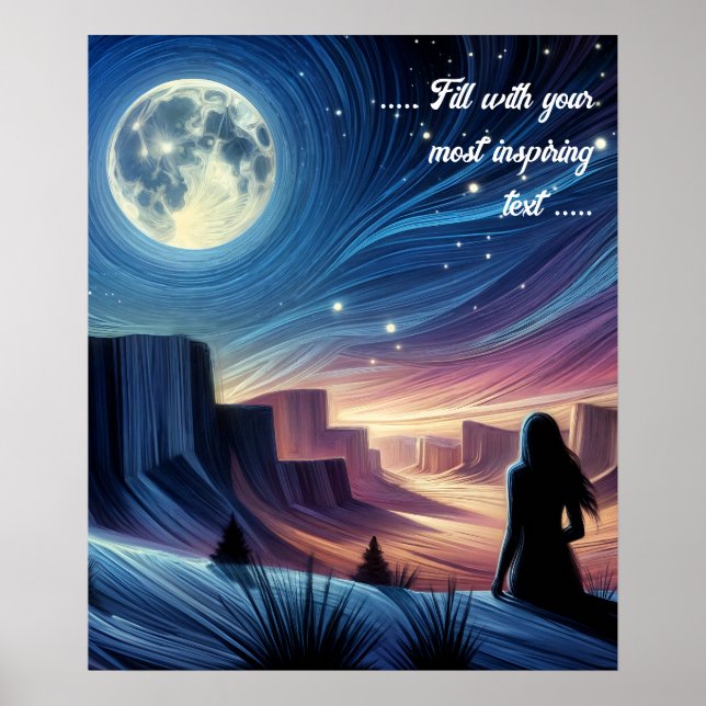 Affiche Femme solitaire assise regardant la lune (Devant)