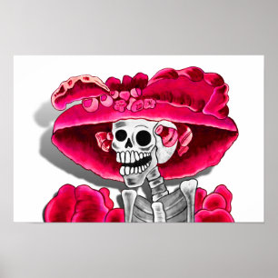 Affiche Femme squelette riant en bonnet rouge