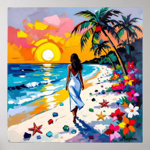 Affiche Femme sur la scène de plage tropicale